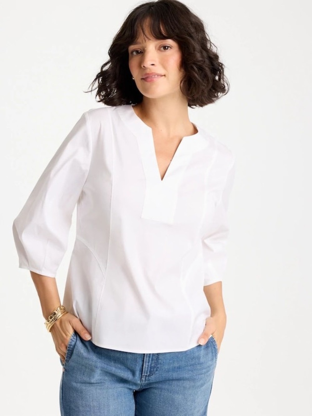 Chico’s White Poplin Cotton 3/4 Sleeve V-Neck Popover #0218
